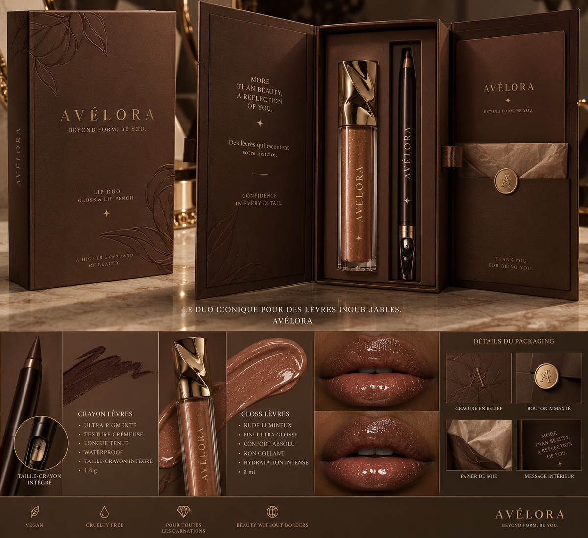 AVÉLORA Signature Nude — Duo Gloss & Crayon Lèvres