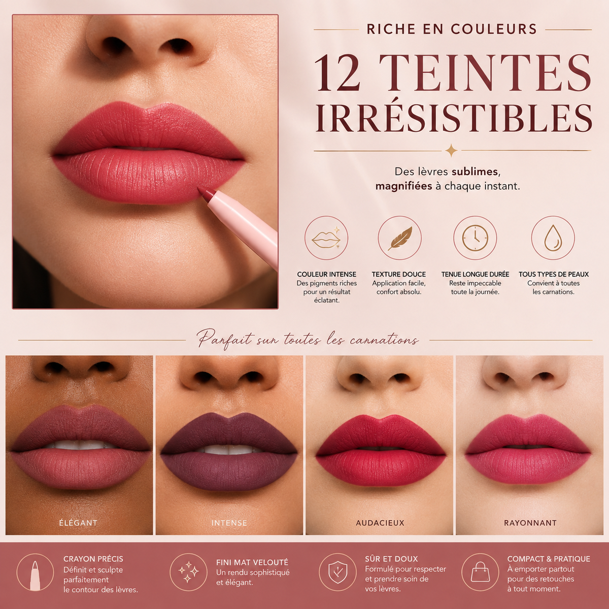 AVÉLORA Velvet Lip Define – Set de 6 Crayons à Lèvres