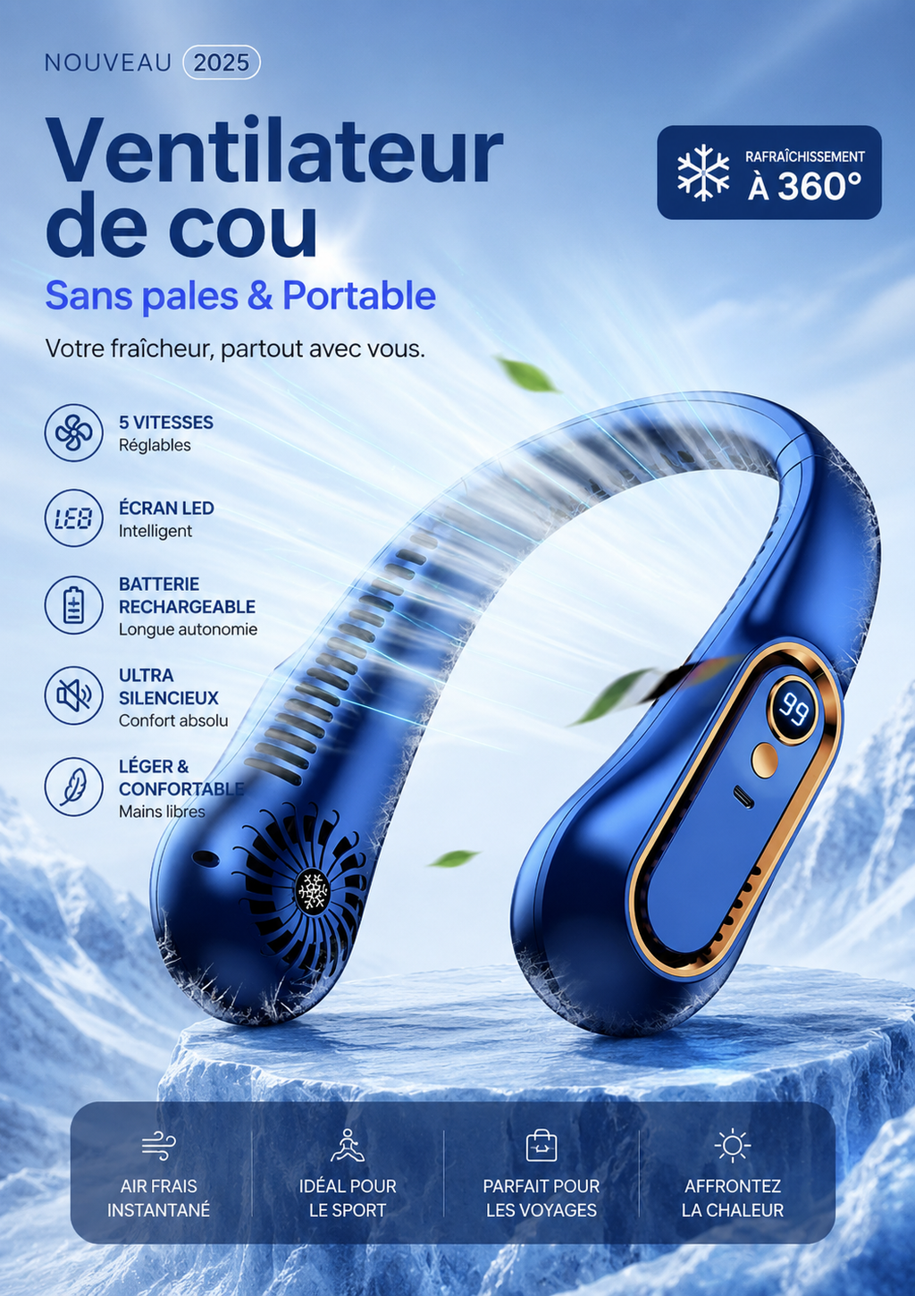 Ventilateur de Cou Sans Pales – Rafraîchisseur d’Air Portable avec 5 Niveaux de Vitesse et Écran LED