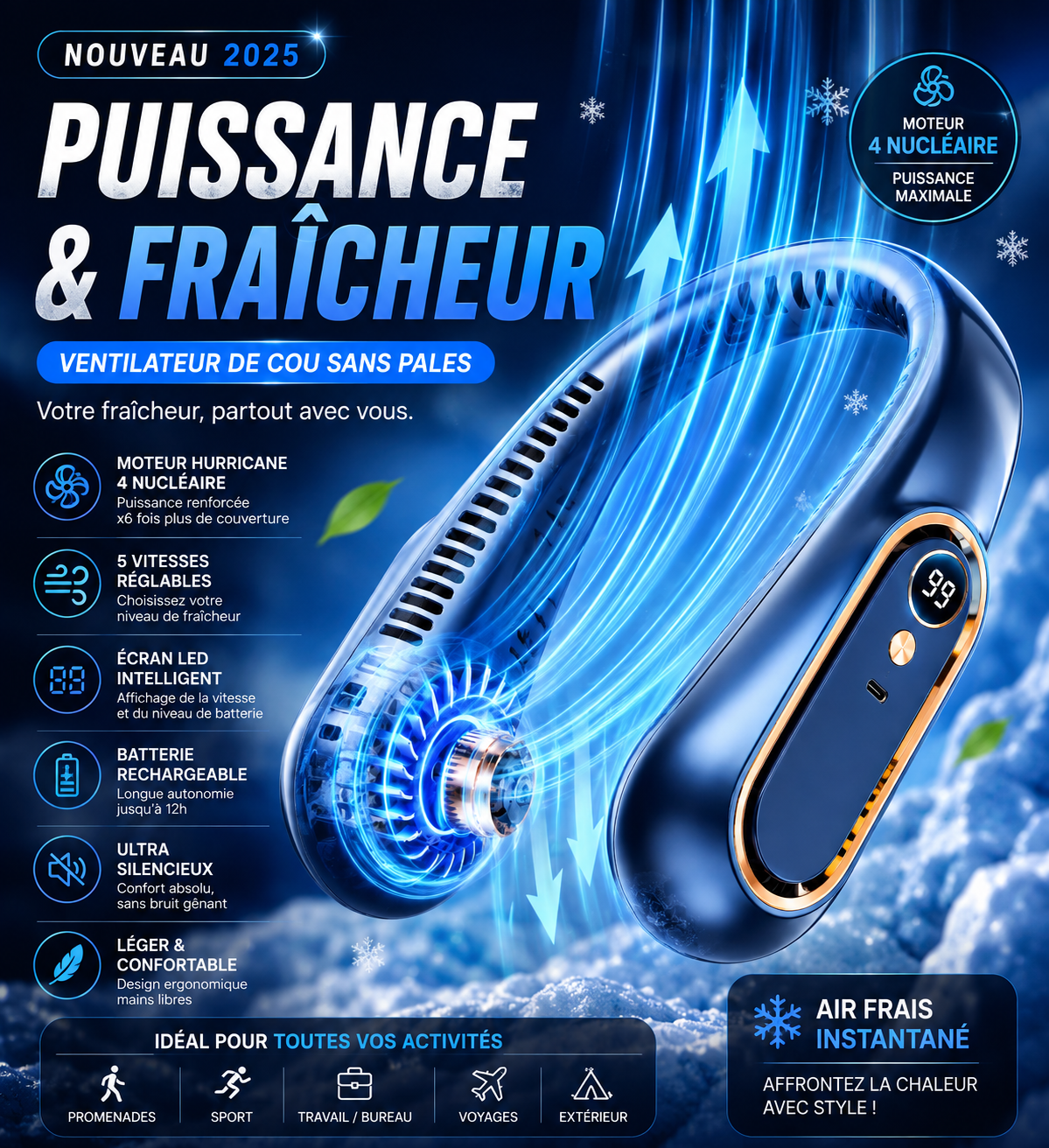 Ventilateur de Cou Sans Pales – Rafraîchisseur d’Air Portable avec 5 Niveaux de Vitesse et Écran LED