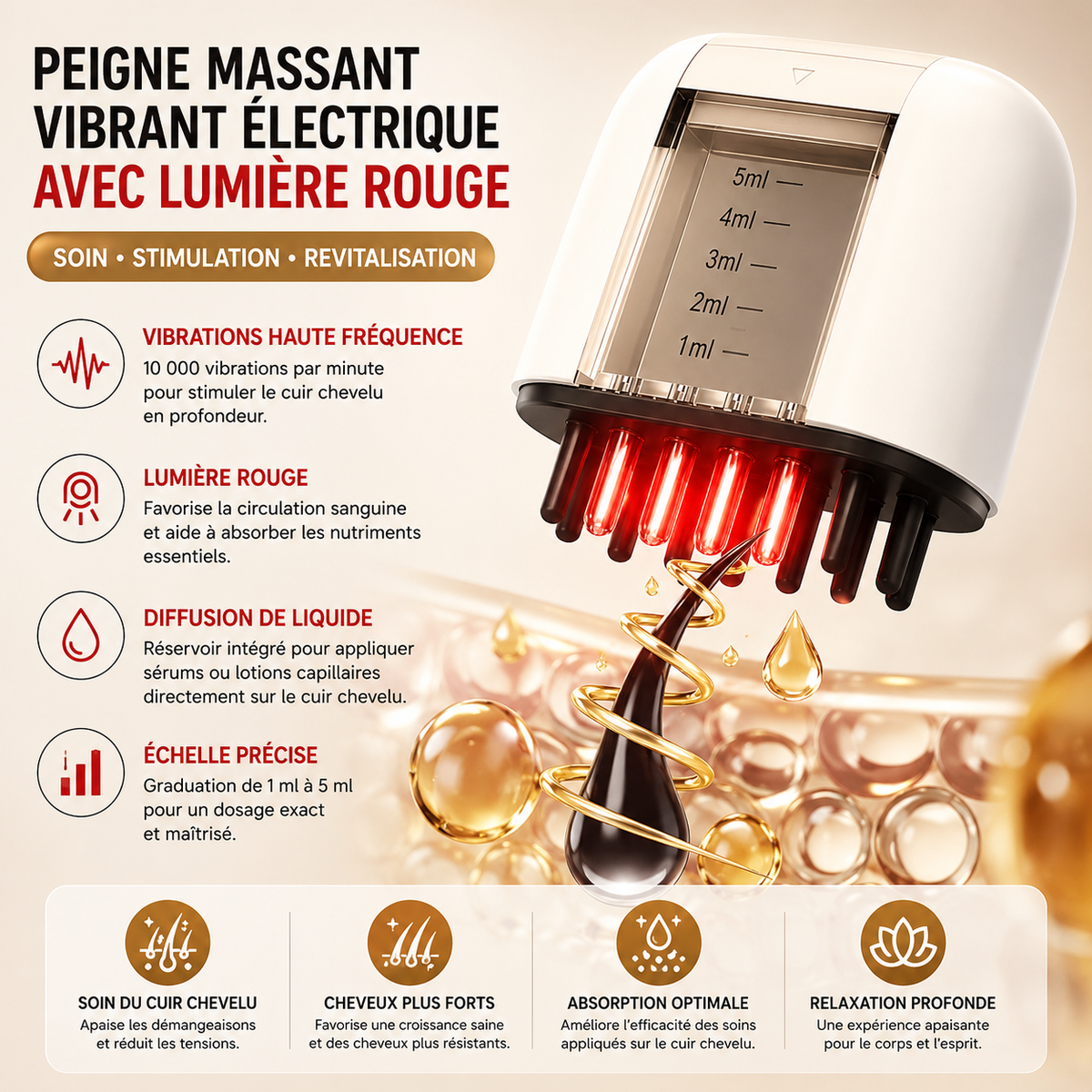 Peigne Massant Vibrant Électrique à Lumière Rouge
